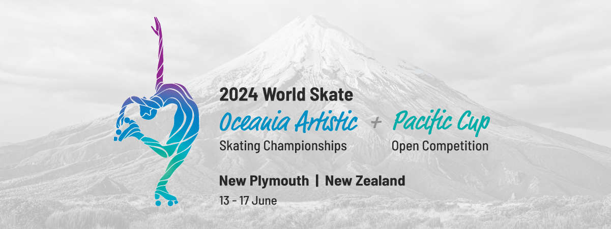 A faded black and white image of Mt Taranaki forms the backdrop for the graphics which read 2024 World Skate Oceania Artistic Skating Championships and Pacific Cup Open Competiton. New Plymouth, New Zealand, 13 - 17 June